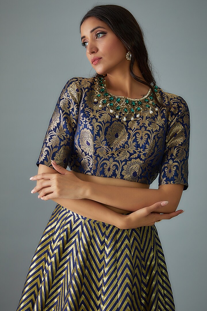 Blue Brocade Embroidered Wedding Lehenga Set by Empress by Arefa at Pernia's Pop Up Shop