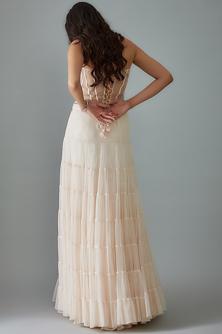 Pink Net Embroidered Tiered Wedding Lehenga Set by Empress by Arefa at Pernia's Pop Up Shop
