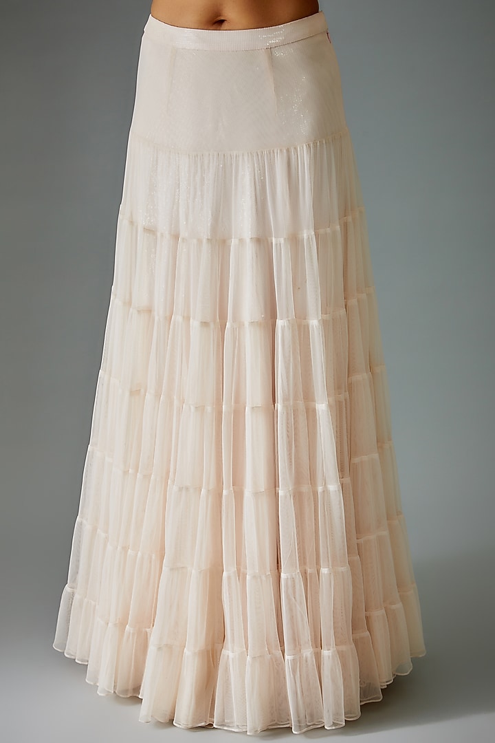 Pink Net Embroidered Tiered Wedding Lehenga Set by Empress by Arefa at Pernia's Pop Up Shop