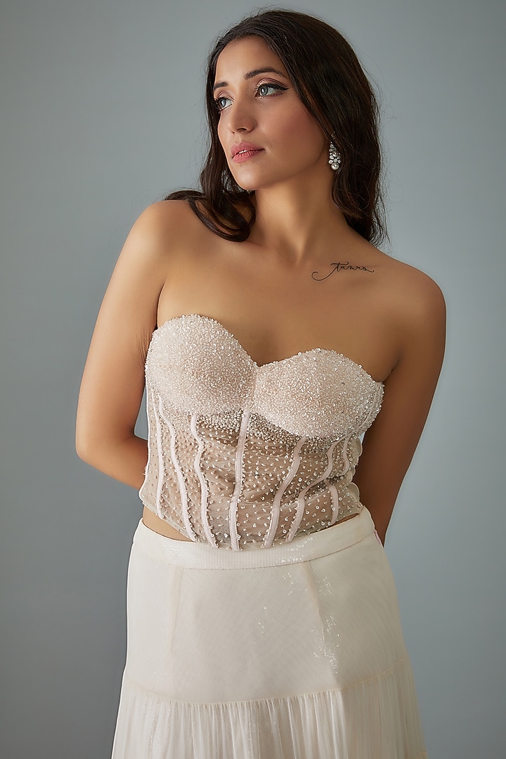 Pink Net Embroidered Tiered Wedding Lehenga Set by Empress by Arefa at Pernia's Pop Up Shop
