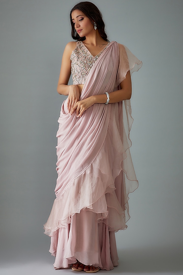 Pink Chinon & Organza PreDraped Ruffled Saree Set Design by Empress by