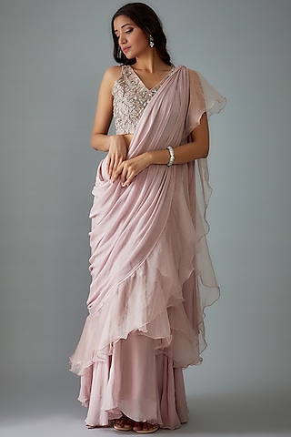 Shop Blush Pink Pre-Draped Saree Set for Women Online from India's