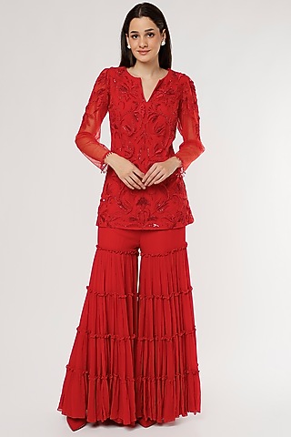 Red Georgette Tiered Gharara Set by Empress by Arefa