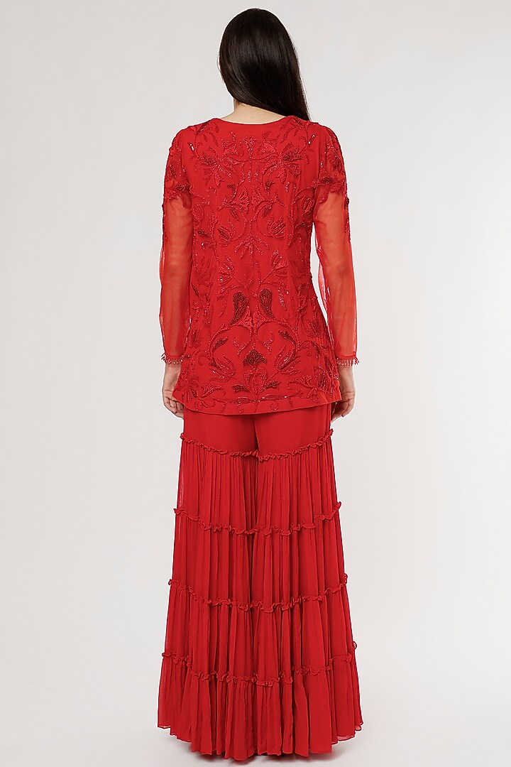 Red Georgette Tiered Gharara Set by Empress by Arefa at Pernia's Pop Up Shop