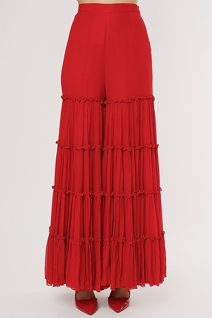 Red Georgette Tiered Gharara Set by Empress by Arefa at Pernia's Pop Up Shop