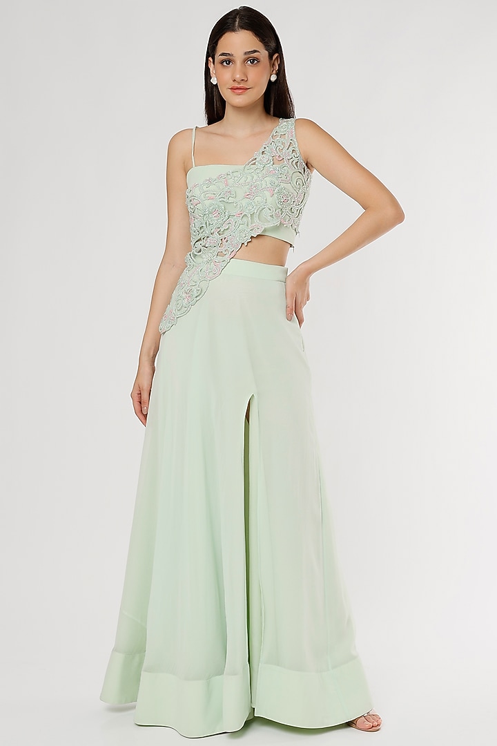 Mint Green Georgette Slit Skirt Set by Empress by Arefa at Pernia's Pop Up Shop