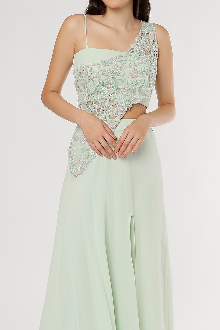 Mint Green Georgette Slit Skirt Set by Empress by Arefa at Pernia's Pop Up Shop