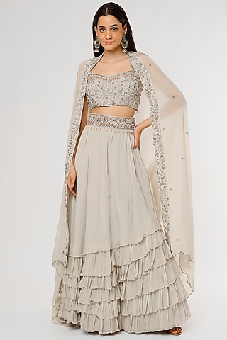 English Green Chinon Layered Lehenga Set by Empress by Arefa