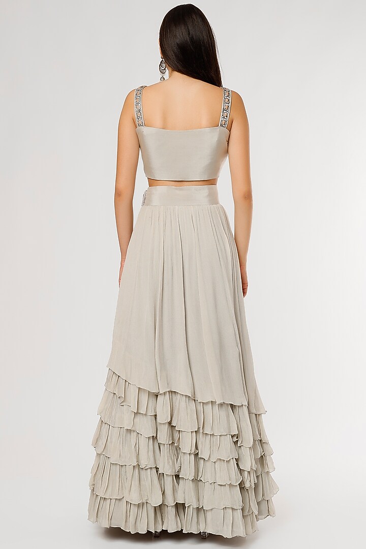 English Green Chinon Layered Wedding Lehenga Set by Empress by Arefa at Pernia's Pop Up Shop