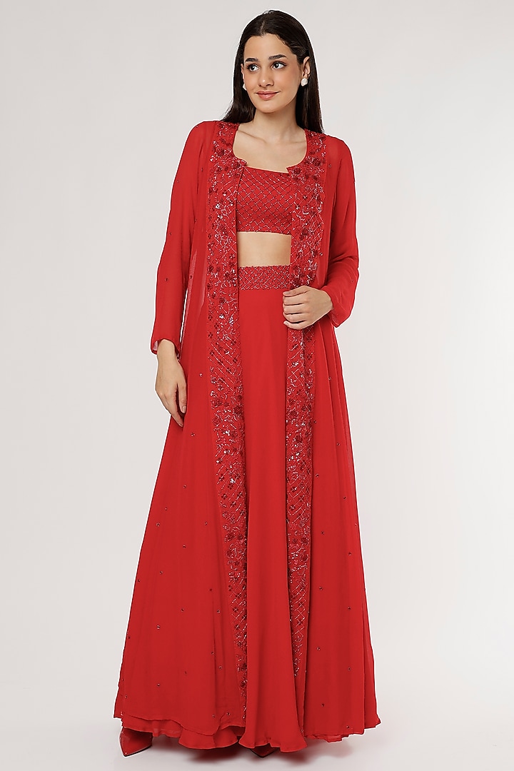 Red Embroidered Jacket Lehenga Set by Empress by Arefa