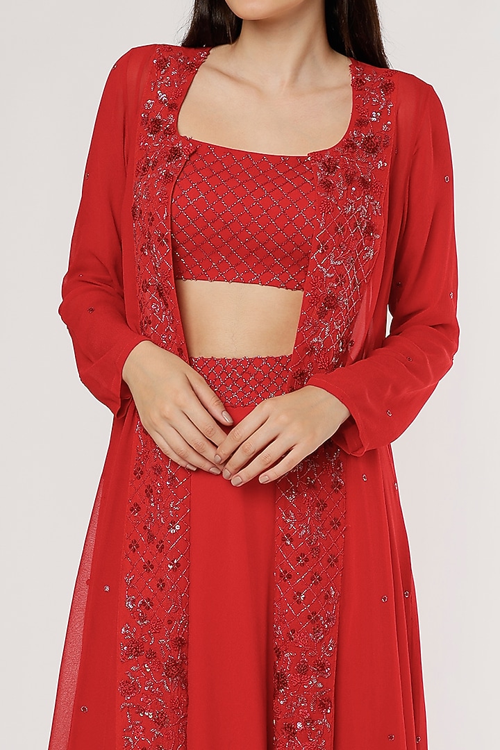 Red Embroidered Jacket Wedding Lehenga Set by Empress by Arefa at Pernia's Pop Up Shop