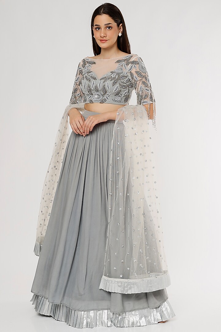 Grey Crepe Silk Wedding Lehenga Set by Empress by Arefa at Pernia's Pop Up Shop
