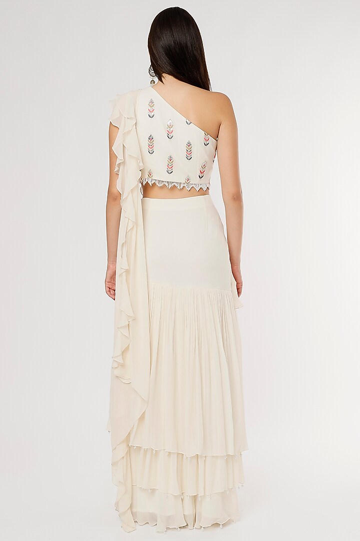 Off-White Georgette Pre-Draped Ruffled Party Wear Lehenga Saree Set by Empress by Arefa at Pernia's Pop Up Shop