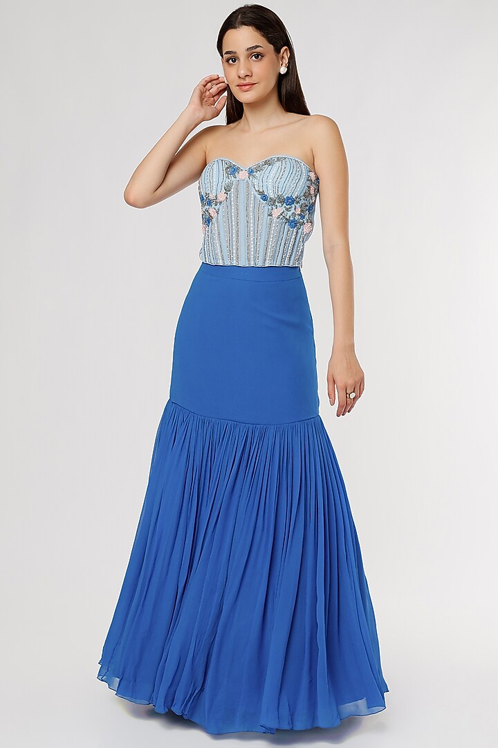 Blue Net & Georgette Gathered Fish-Cut Wedding Lehenga Set by Empress by Arefa at Pernia's Pop Up Shop