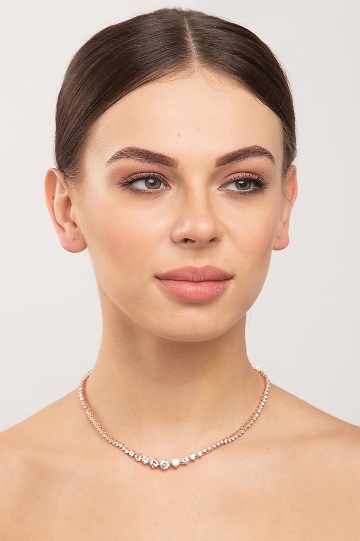 Rose Gold Finish Tennis Necklace by EMBLAZE JEWELLERY