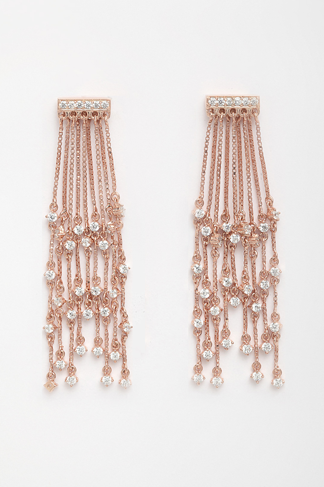 Rose Gold Finish Long Chain Earrings In Sterling Silver by EMBLAZE JEWELLERY