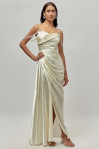 Off-White Gajji Embellished Corset Draped Dress by Emblaze