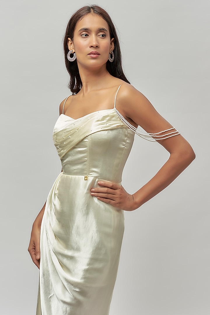 Off-White Gajji Embellished Corset Draped Summer Dress by Emblaze at Pernia's Pop Up Shop