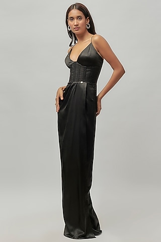 Black Mashru Embellished Corset Draped Dress by Emblaze