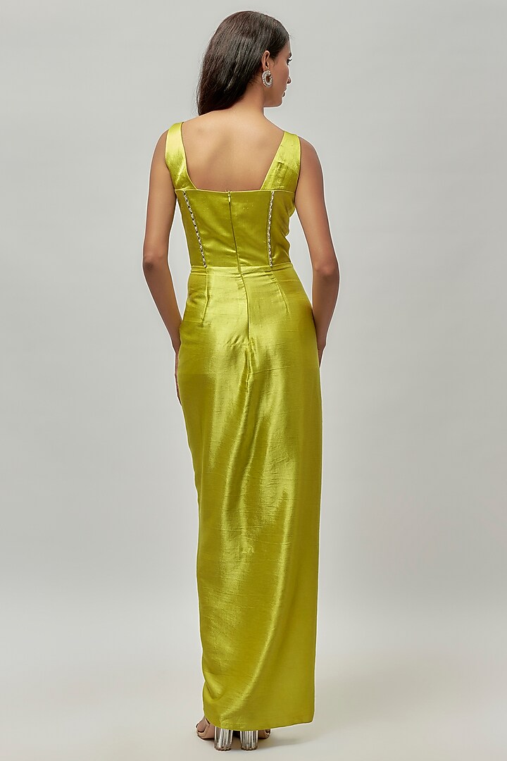 Neon Green Mashru Embellished Draped Gown by Emblaze at Pernia's Pop Up Shop