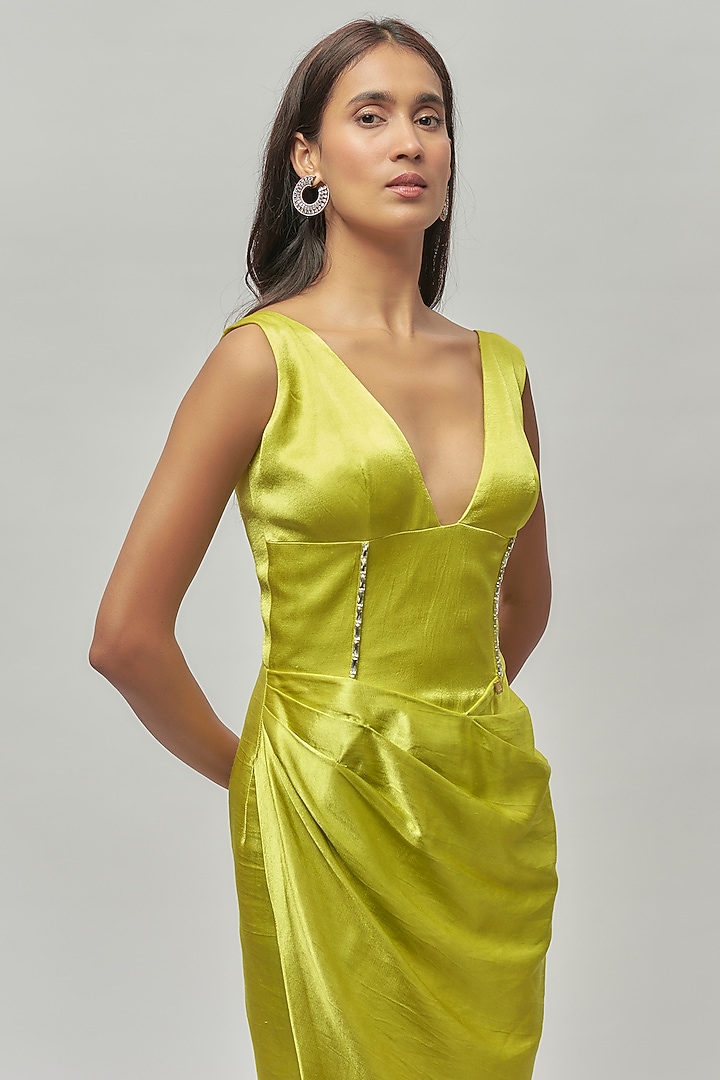Neon Green Mashru Embellished Draped Gown by Emblaze at Pernia's Pop Up Shop