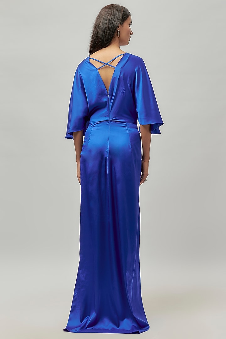 Blue Satin Draped Embellished Summer Dress by Emblaze at Pernia's Pop Up Shop