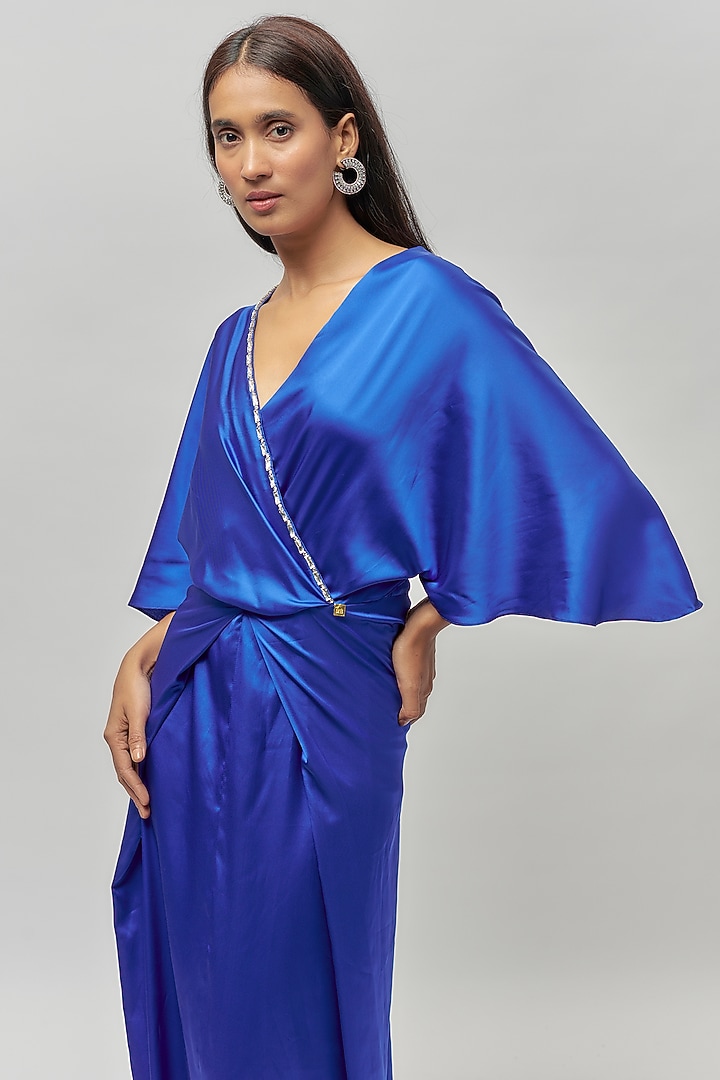 Blue Satin Draped Embellished Summer Dress by Emblaze at Pernia's Pop Up Shop