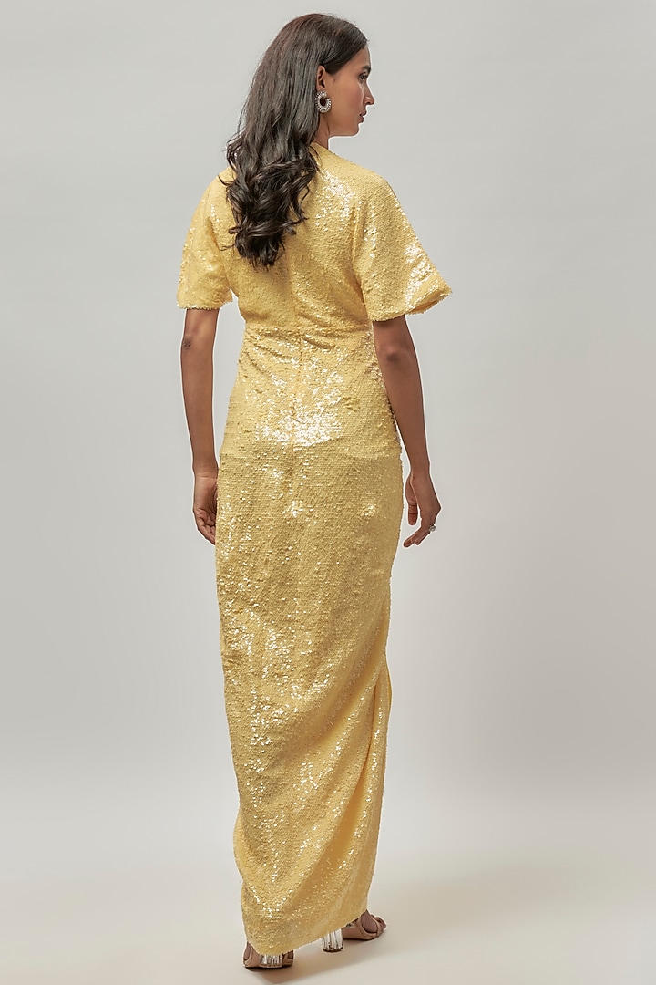 Yellow Net Sequins Embroidered Draped Vacation Dress by Emblaze at Pernia's Pop Up Shop