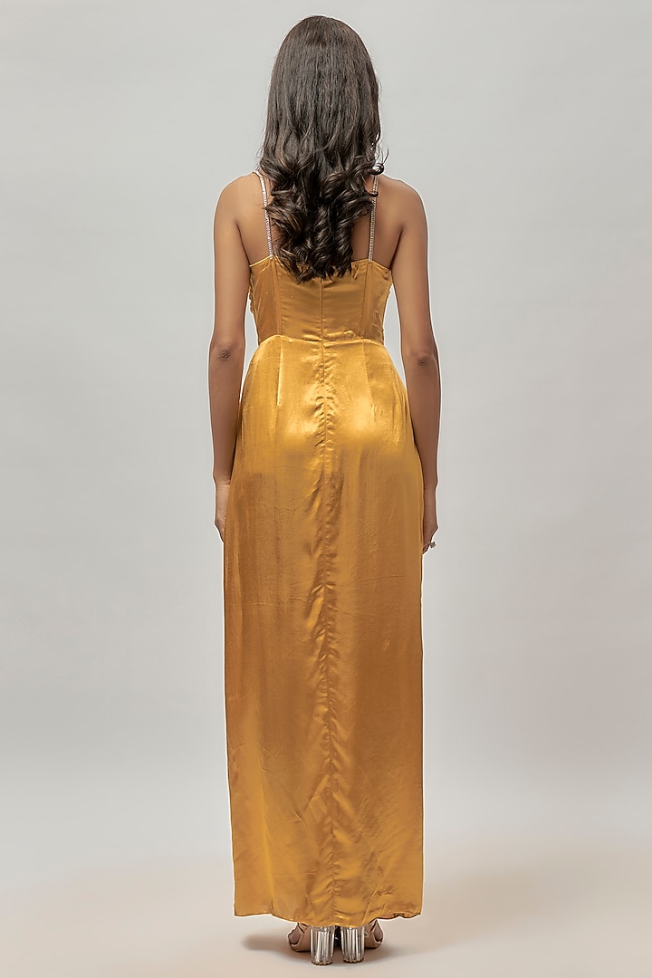 Golden Gajji Embellished Draped Corset Vacation Dress by Emblaze at Pernia's Pop Up Shop