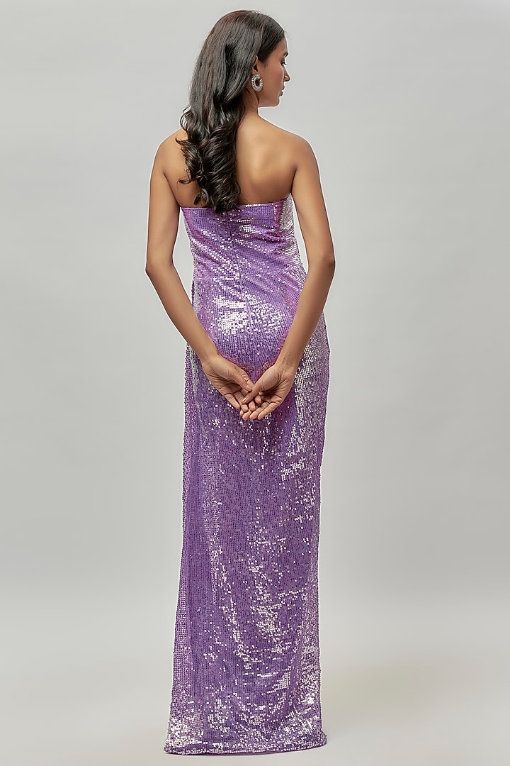 Lilac Net Sequins Draped Party Wear Gown by Emblaze at Pernia's Pop Up Shop