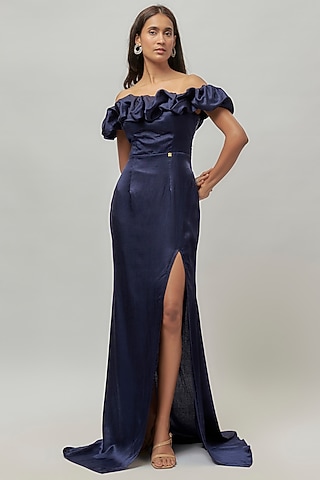 Navy Blue Mashru Off-Shoulder Ruffled Dress by Emblaze