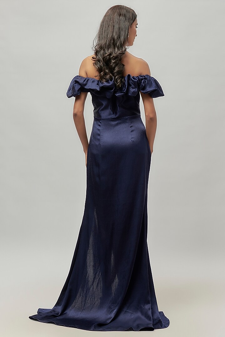 Navy Blue Mashru Off-Shoulder Ruffled Summer Dress by Emblaze at Pernia's Pop Up Shop