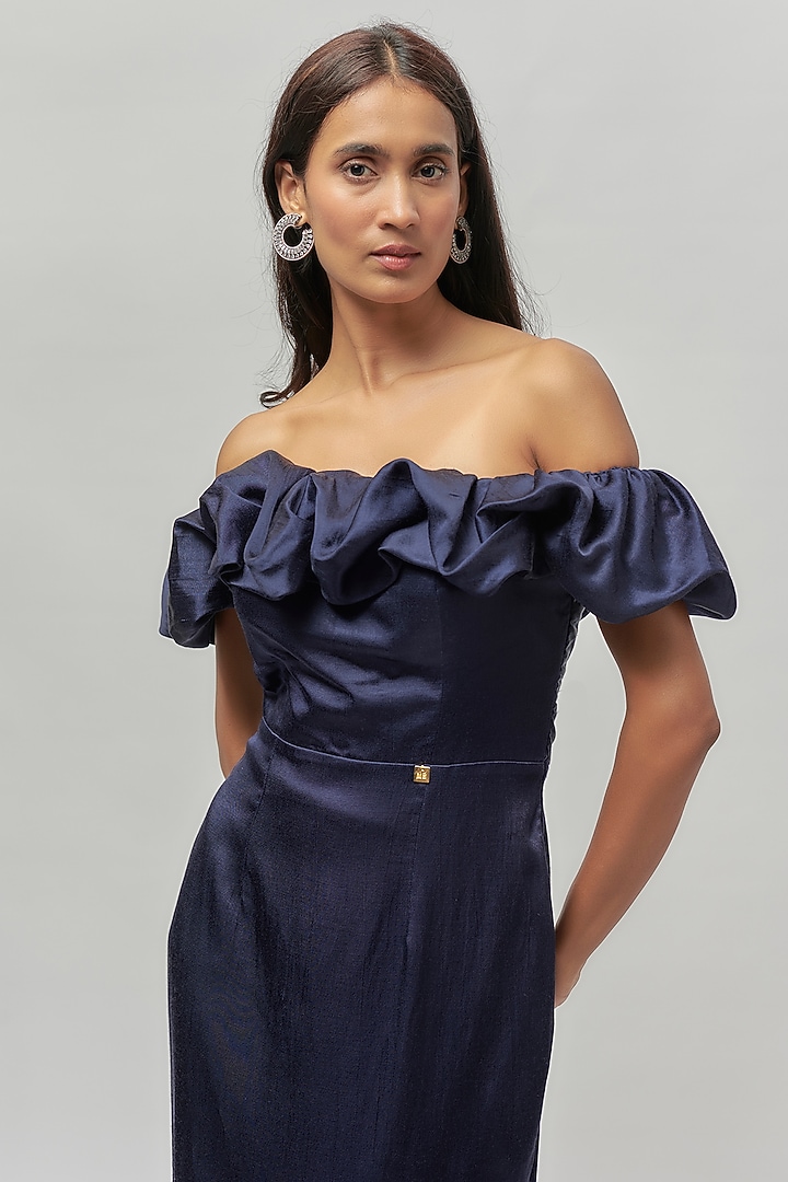 Navy Blue Mashru Off-Shoulder Ruffled Summer Dress by Emblaze at Pernia's Pop Up Shop