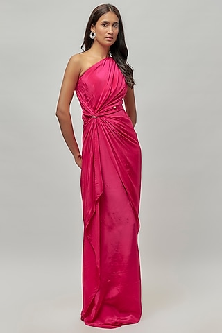 Hot Pink Natural Crepe Embellished One-Shoulder Gown by Emblaze
