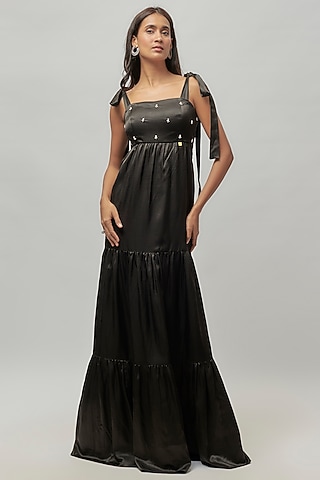 Black Mashru Embellished Tie-Up Dress by Emblaze