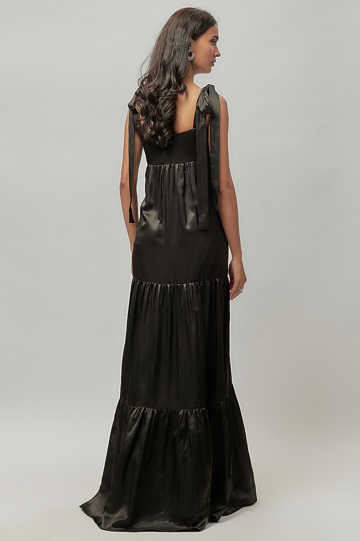 Black Mashru Embellished Tie-Up Summer Dress by Emblaze at Pernia's Pop Up Shop