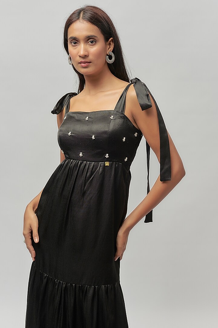 Black Mashru Embellished Tie-Up Summer Dress by Emblaze at Pernia's Pop Up Shop