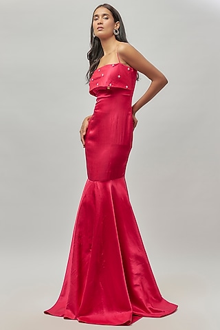 Hot Pink Mashru Embellished Draped Gown by Emblaze