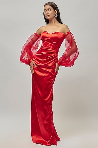 Red Satin & Tulle Draped Corset Gown by Emblaze
