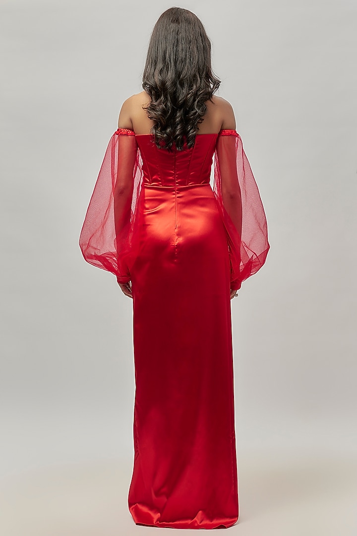 Red Satin & Tulle Draped Corset Gown by Emblaze at Pernia's Pop Up Shop