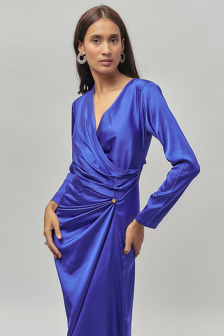 Blue Satin Draped Summer Dress by Emblaze at Pernia's Pop Up Shop