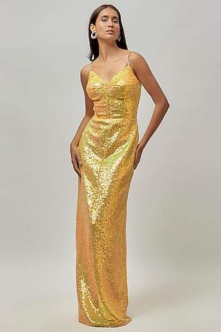 Radiant Yellow Net Sequin Embellished Dress by Emblaze