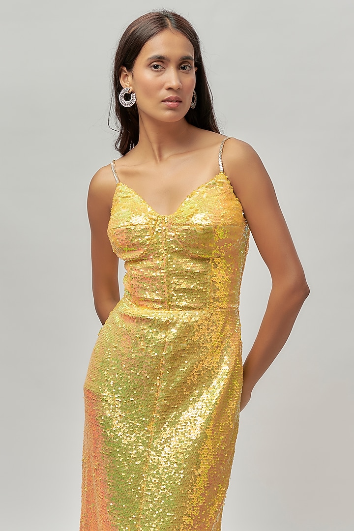 Radiant Yellow Net Sequin Embellished Vacation Dress by Emblaze at Pernia's Pop Up Shop
