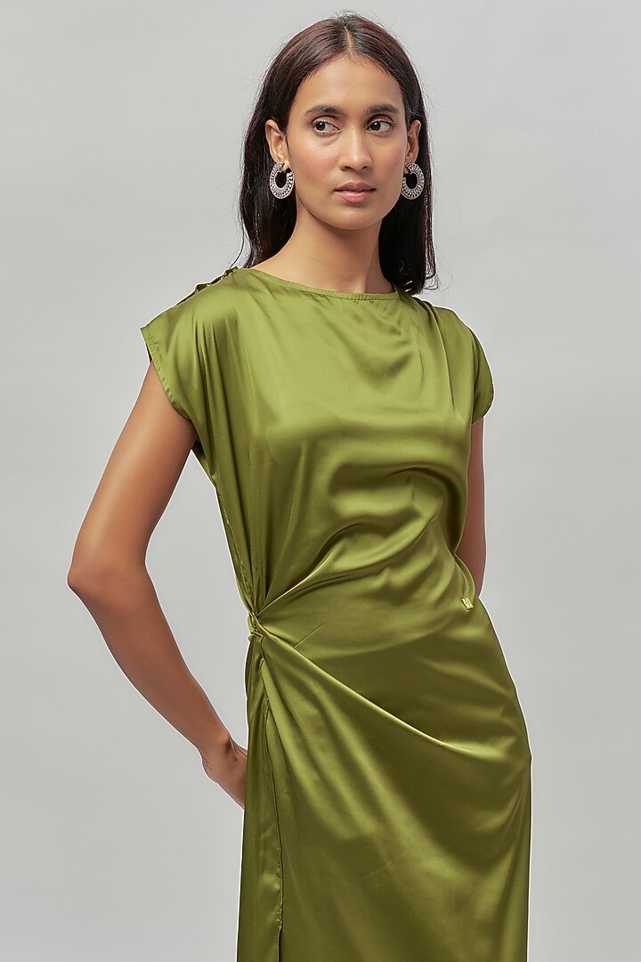 Olive Green Satin Gown by Emblaze at Pernia's Pop Up Shop
