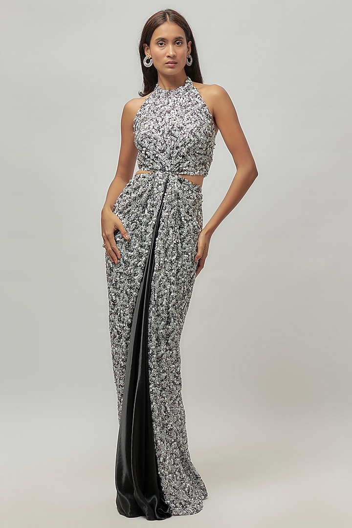 Black & White Net Sequins Embroidered Cut-Own Party Wear Gown by Emblaze at Pernia's Pop Up Shop