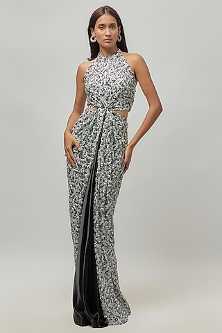 Black & White Net Sequins Embroidered Cut-Own Gown by Emblaze