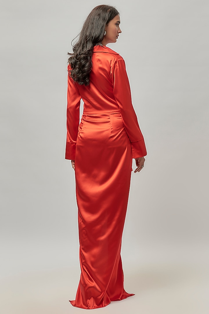 Bold Red Satin Draped Summer Shirt Dress by Emblaze at Pernia's Pop Up Shop