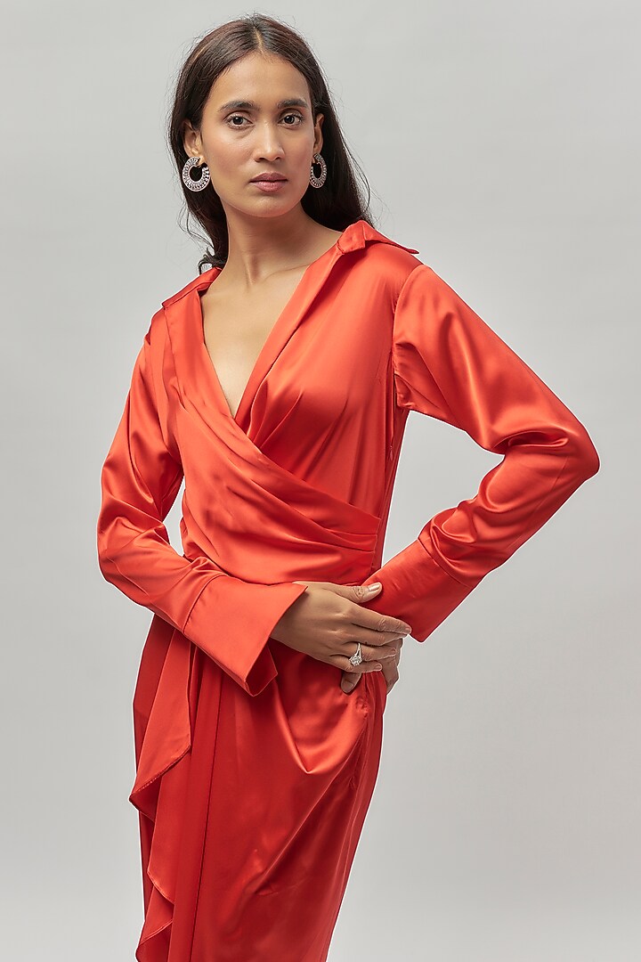 Bold Red Satin Draped Summer Shirt Dress by Emblaze at Pernia's Pop Up Shop