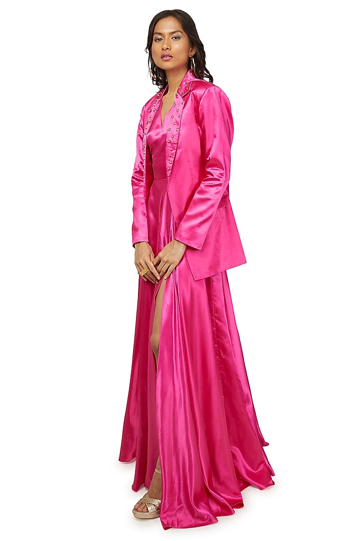 Pink Satin Gown With Blazer by Emblaze