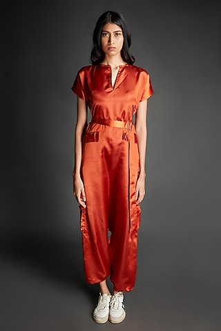 Rust Low Crotch Jumpsuit With Belt by Emblaze